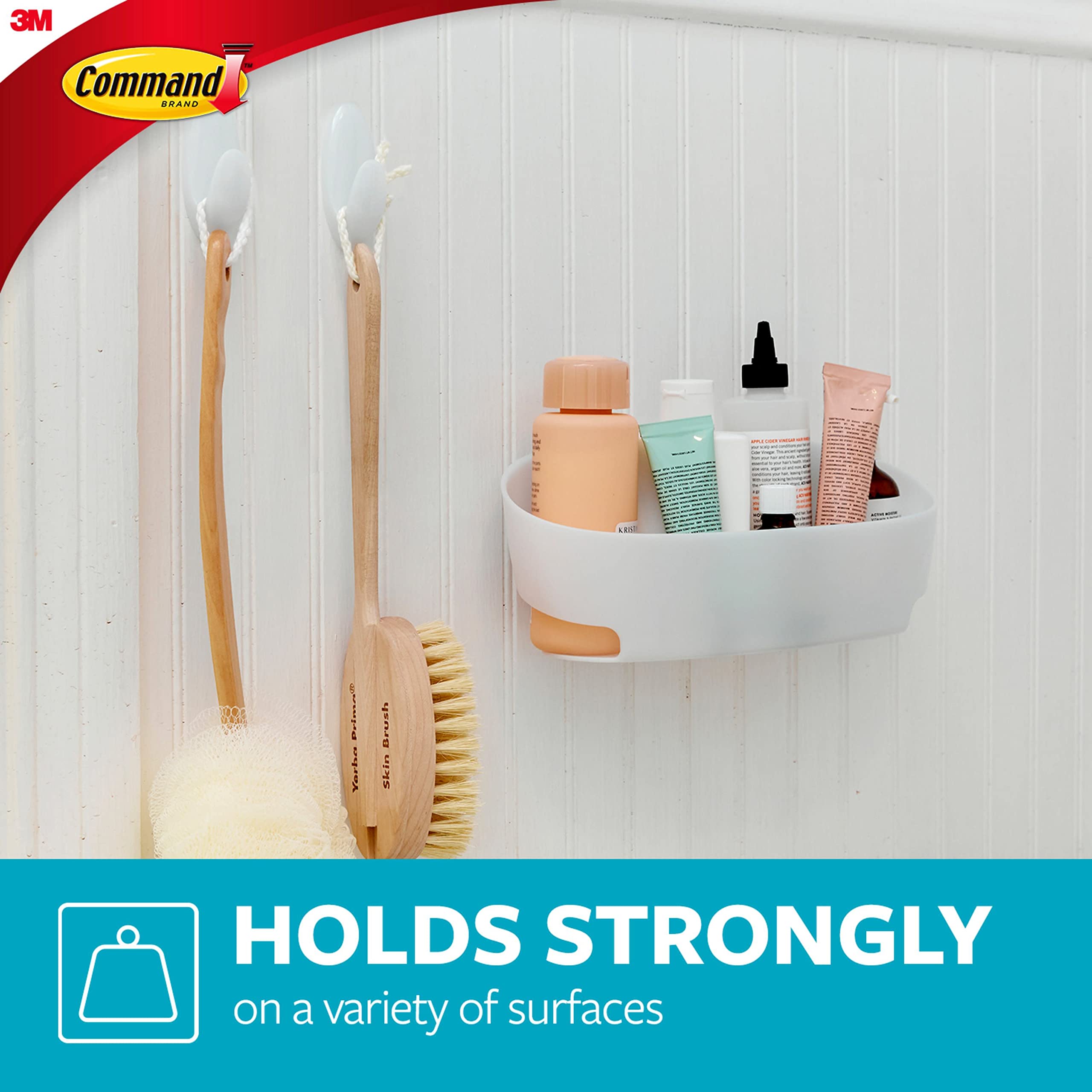 Command Bathroom Accessories, 5 Piece Bathroom Organizer Set - 1 Shower Caddy, 1 Soap Dish, 1 Toothbrush Holder, 2 Hooks With Wa